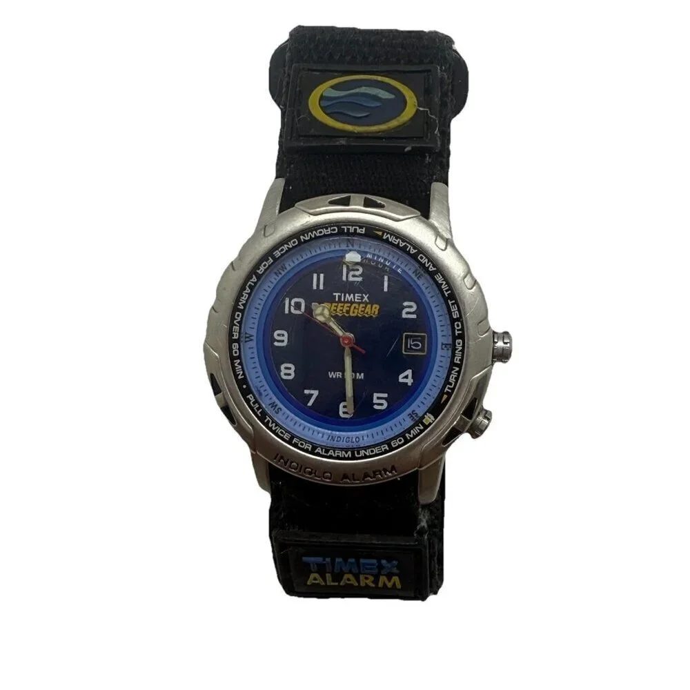 Vtg TIMEX Men Reef Gear Indiglo Alarm Analog Blue Dial Date Quartz Watch WR 50M